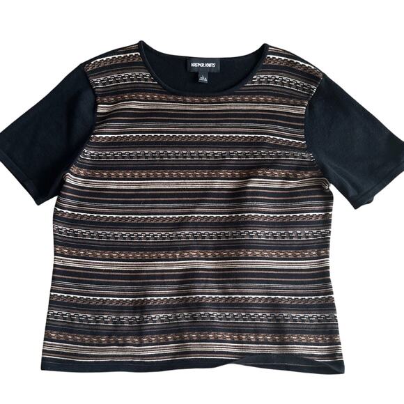 KASPER‎ Knits Women's Size L Brown Black Striped Short Sleeve Pullover Top - Picture 1 of 5
